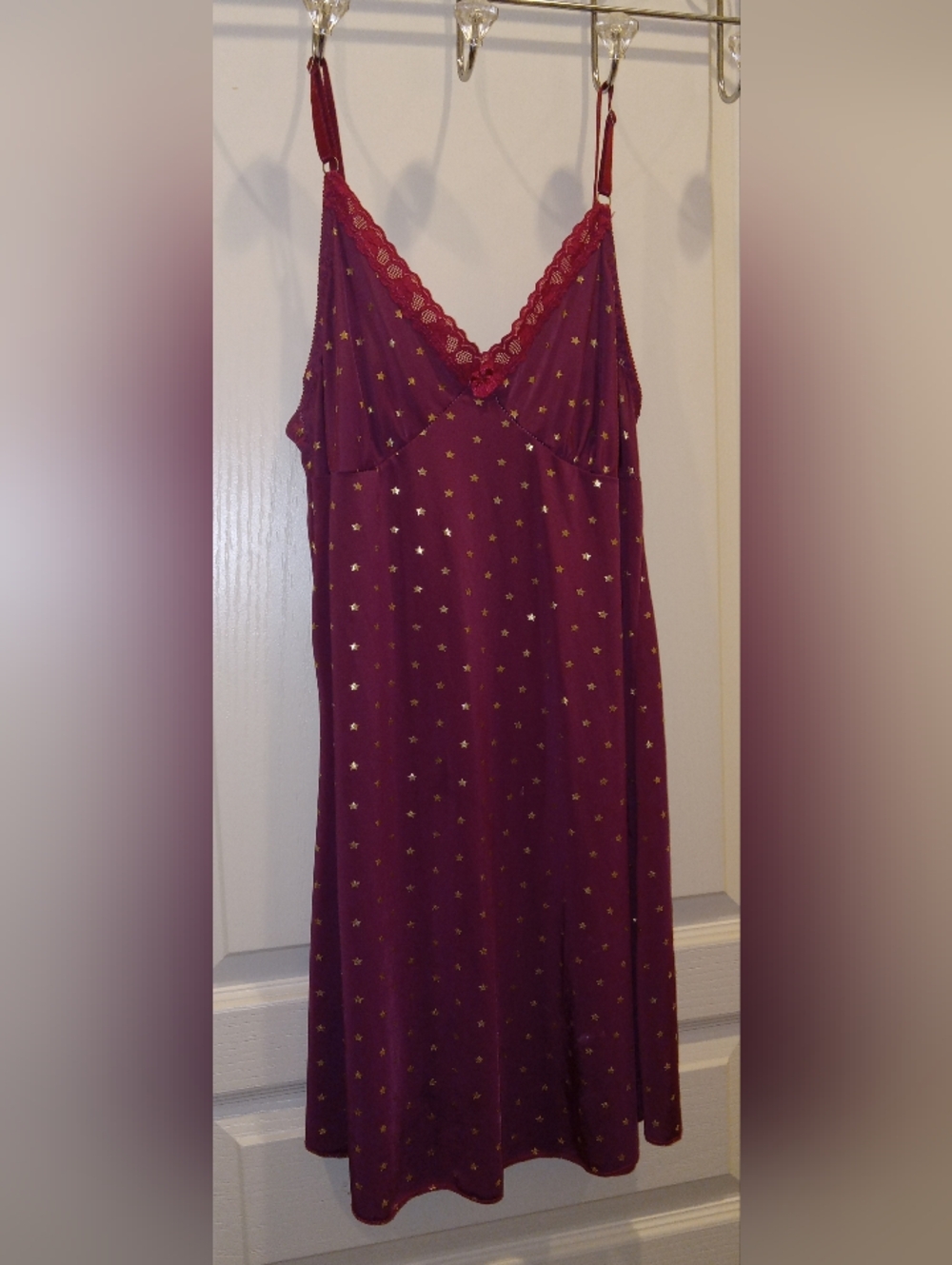 Women's Maroon Lace-Trim Slip Nightgown with Gold Stars